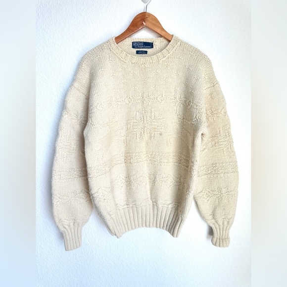 Vintage 90s Polo Ralph Lauren 100%‎ wool hand knit reindeer snowflake sweater